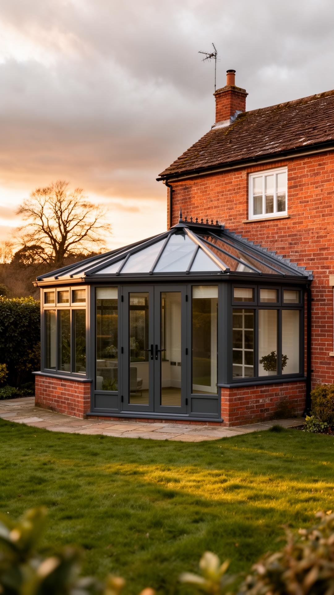 Modern dwarf-wall conservatory with anthracite frames on a red-brick country home