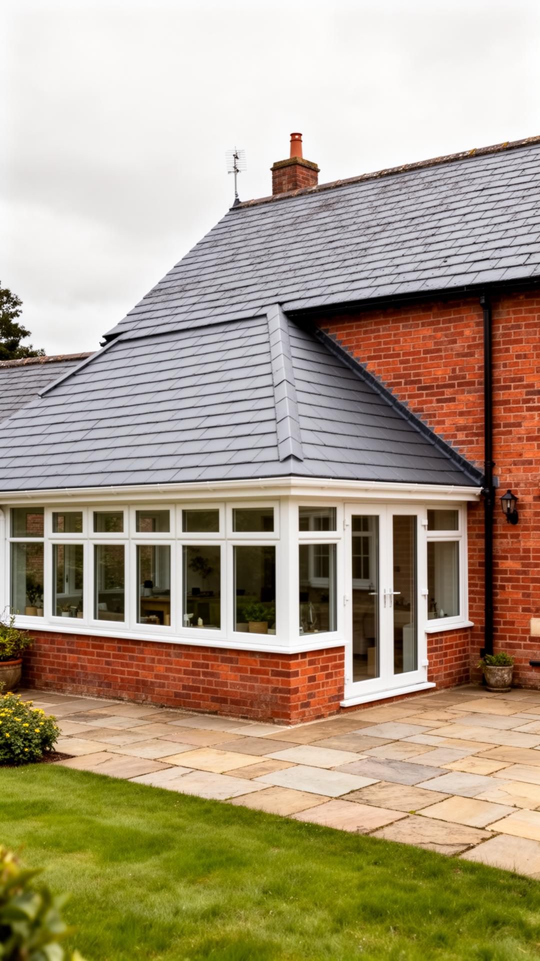 Existing conservatory with replacement solid tiled warm roof on a red-brick Shropshire home